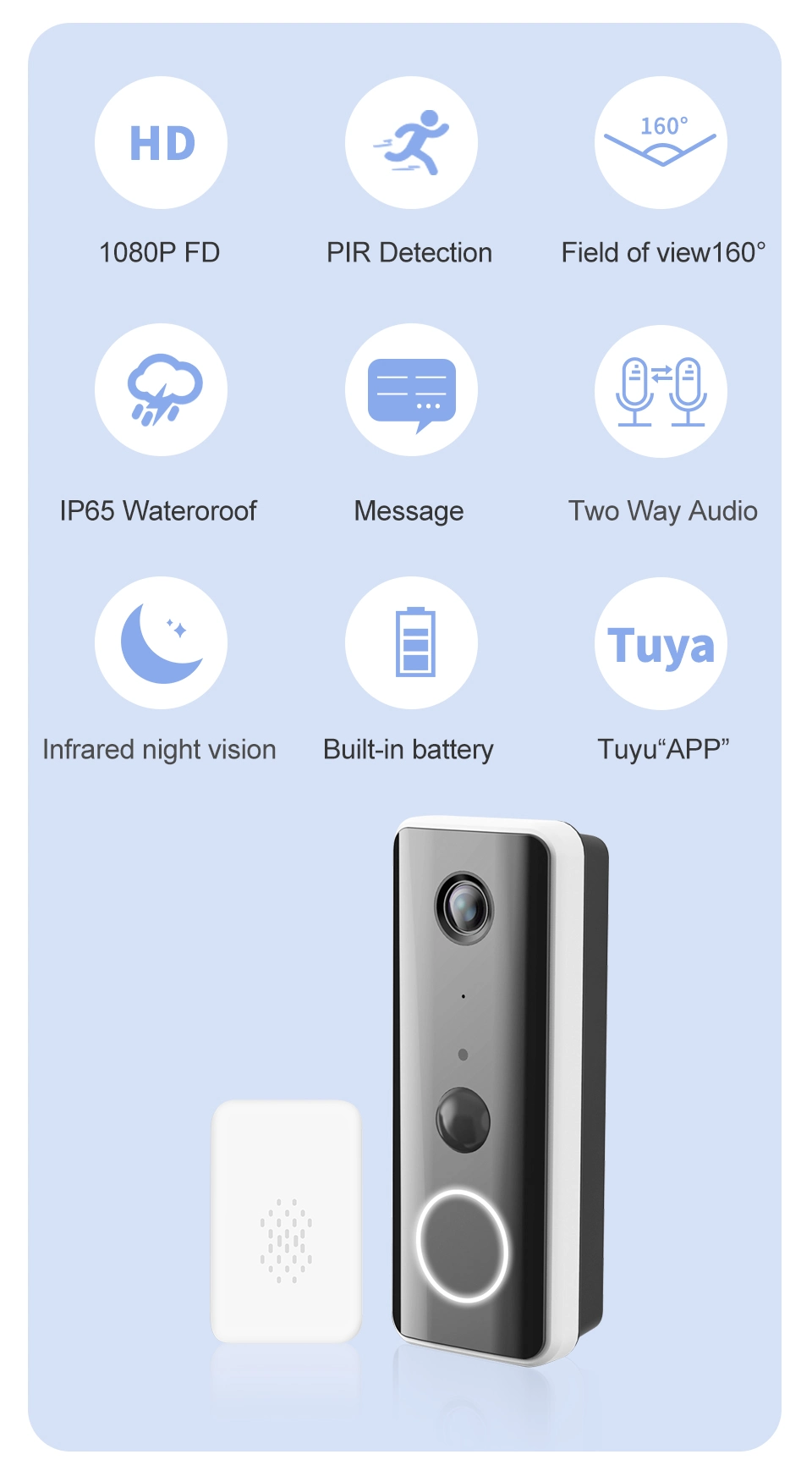 1080P WiFi Smart Video Doorbell PIR Detection Alarm H. 265